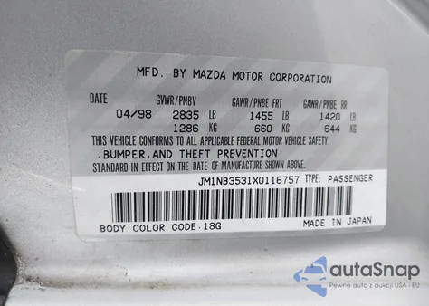 1999 Mazda Mx-5 Miata Leather Pkg/Popular Equipment Pkg/Sports Pkg/Touring Pkg z USA, uszkodzony, nr VIN JM1NB3531X0116757